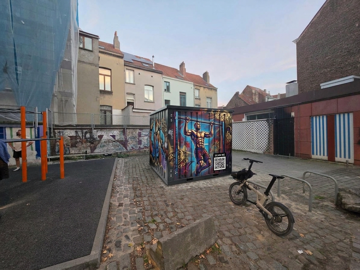 Concept illustration of a connected calisthenics container with a mural on Petite Rue Malibran, Ixelles